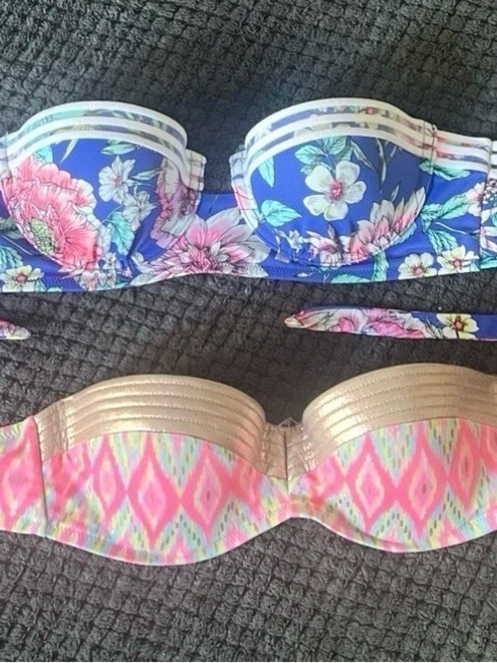 Shade & Shore Blue Floral and Pink Patterned Strapless Bikini Tops